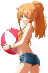  alternate_hairstyle amatsuka_mao ass ball beachball bead_bracelet beads bikini_top blush bracelet breasts closed_mouth commentary cowboy_shot denim denim_shorts dimples_of_venus eyebrows_visible_through_hair gj-bu hair_flaps highres holding holding_ball iguchi_(strawmat) jewelry long_hair looking_at_viewer orange_bikini_top orange_hair pocket ponytail purple_eyes shadow short_shorts shorts simple_background small_breasts solo striped_bikini_top v-shaped_eyebrows white_background 