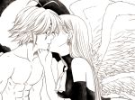  1girl angel_wings antenna_hair bare_shoulders collarbone commentary_request couple dark_persona earrings elizabeth_liones feathered_wings greyscale harumiya imminent_kiss jewelry long_hair meliodas monochrome multiple_wings nanatsu_no_taizai spoilers wings 