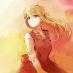  2018 arms_at_sides bangs blonde_hair blue_eyes commentary_request dated dress eyebrows_visible_through_hair floating_hair fullmetal_alchemist gradient gradient_background happy long_hair long_sleeves looking_away orange_background pink_background ponytail protected_link red_background simple_background smile solo sunlight tsukuda0310 upper_body winry_rockbell yellow_background 
