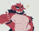  abs anthro armpit_hair beard blue_eyes claws dragon facial_hair half-length_portrait horn invalid_tag looking_at_viewer male muscular muscular_male neck_tuft neje nipples pecs portrait red_skin reindom smile solo standing thumbs_up tuft white_skin 