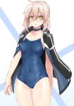  :o absurdres ahoge arms_at_sides artoria_pendragon_(all) ass_visible_through_thighs bangs black-framed_eyewear black_jacket blonde_hair blue_choker blue_swimsuit blush braid breasts choker collarbone commentary_request competition_school_swimsuit covered_nipples cowboy_shot eyebrows_visible_through_hair fate/grand_order fate_(series) french_braid glasses hair_between_eyes highres jacket jacket_on_shoulders long_sleeves looking_at_viewer medium_breasts mysterious_heroine_x_(alter) one-piece_swimsuit open_clothes open_jacket open_mouth open_track_jacket perky_breasts school_swimsuit semi-rimless_eyewear shunichi sidelocks skin_tight solo standing swimsuit thighs under-rim_eyewear yellow_eyes 