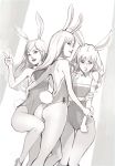  animal_ears arm_up ass bare_back bare_shoulders bunny_ears bunny_girl bunny_tail bunnysuit commentary detached_collar elin_(tera) fishnet_pantyhose fishnets high_heels leg_lift leotard long_hair looking_back monochrome multiple_girls ochrejelly pantyhose pout shoes sketch smile standing standing_on_one_leg strapless strapless_leotard tail tera_online v 