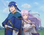  blue_cape blue_eyes blue_hair blush brother_and_sister cape celice_(fire_emblem) circlet dress fire_emblem fire_emblem:_seisen_no_keifu gloves half-siblings headband jewelry kyufe lavender_hair long_hair looking_at_viewer open_mouth ponytail purple_eyes purple_hair short_hair siblings sidelocks smile tyrfing_(fire_emblem) very_long_hair white_headband yuria_(fire_emblem) 
