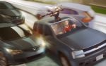  anthro black_nose canine car chevrolet day detailed_background digital_media_(artwork) dog duo female hair holding_object holding_weapon honda iskra long_hair male mammal motion_blur outside ranged_weapon rocket_launcher url vehicle watermark weapon white_hair 