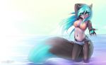  abluedeer anthro blue_eyes blue_hair blue_pawpads bra bracelet breasts canine clothing female fox hair jewelry looking_at_viewer mammal partially_submerged pawpads reaching sea shorts solo swimsuit underwear water 