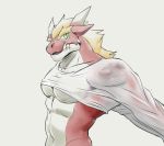  abs anthro blonde_hair clothed clothing delga dragon green_eyes hair horn invalid_tag looking_at_viewer male muscular muscular_male open_mouth partially_clothed pecs red_skin shirt simple_background solo standing tattoo teeth translucent transparent_clothing tsbellatre undressing white_background white_skin 