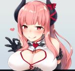  bangs bare_shoulders black_gloves blush breasts buttons cleavage_cutout commentary demon_girl demon_horns dress elbow_gloves eve.ch eve_valerne gloves heart highres horns large_breasts licking_lips long_hair looking_at_viewer mikoto_kei pink_hair red_eyes sleeveless smile solo succubus tongue tongue_out virtual_youtuber white_dress 