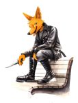  2018 anthro bench black_nose boots canine clothed clothing fangs footwear fox gay_pride_flag gregg_(nitw) holding_object jacket kenket knife male mammal night_in_the_woods open_mouth simple_background sitting smile solo white_background yellow_sclera 