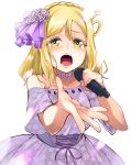  blonde_hair braid commentary_request corset crown_braid dress floral_print flower flower_necklace foreshortening hair_flower hair_ornament hair_rings highres holding holding_microphone jewelry love_live! love_live!_sunshine!! medium_hair microphone music nanotsuki necklace off-shoulder_dress off_shoulder ohara_mari open_mouth outstretched_hand print_dress purple_dress purple_flower singing solo tearing_up white_background yellow_eyes 