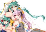  bikini blush breasts cleavage commentary_request eyebrows_visible_through_hair fate/grand_order fate_(series) flat_chest horns kiyohime_(fate/grand_order) kiyohime_(swimsuit_lancer)_(fate) large_breasts long_hair looking_at_viewer multiple_persona navel nipples one-piece_swimsuit open_mouth ponytail red_eyes sasakuma_kyouta silver_hair simple_background smile swimsuit twintails white_background yellow_bikini yellow_eyes 