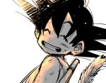  ^_^ black_hair close-up closed_eyes dirty dirty_face dragon_ball dragon_ball_(classic) dutch_angle face gradient gyuunyuu_daisuki happy looking_back male_focus monochrome nyoibo open_mouth scrape short_hair simple_background smile solo son_gokuu spiked_hair tail upper_body white_background 