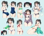  ass bikini black_hair breasts cleavage hoodie kurokawa_makoto love_live!_school_idol_project navel red_eyes school_swimsuit swimsuit twintails wink yazawa_nico 