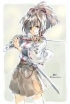  brown_eyes brown_hair brown_hakama commentary_request cowboy_shot hair_ribbon hakama holding holding_sword holding_weapon ise_(kantai_collection) japanese_clothes kantai_collection katana looking_at_viewer nontraditional_miko ponytail ribbon smile solo suzumaru sword twitter_username weapon 