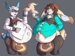  2018 aero_vonheart anthro apron belly beverage big_belly black_fur blue_eyes blue_fur blush brown_fur brown_hair clothing coffee cup duo embarrassed fur grey_background hair intersex lagomorph long_ears male male_pregnancy mammal navel outie_navel pregnant rabbit short_tail simple_background steam tan_fur the-narutoshi tight_clothing vest waiter white_fur white_hair winston_(roller-2000) 