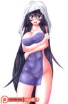  1girl @_@ absurdres al_bhed_eyes areola_slip areolae artist_name bangs blush breasts cleavage collarbone covered_navel embarrassed eyebrows_visible_through_hair female hex_maniac_(pokemon) highres large_breasts long_hair looking_at_viewer matching_hair/eyes mgx0 naked_towel npc_trainer open_mouth patreon_logo patreon_username pokemon pokemon_(game) pokemon_xy purple_eyes purple_hair purple_towel shiny shiny_hair shiny_skin simple_background solo standing teeth towel towel_on_head very_long_hair watermark wavy_mouth wet white_background white_towel 