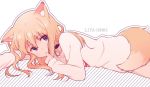  animal_ears blonde_hair character_name collar commentary_request dog_ears dog_tail hand_to_own_mouth hood hoodie kmnz kmnz_liz_(artist) long_hair lying mc_lita nail_polish no_hat no_headwear on_stomach red_nails tail virtual_youtuber 