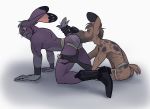  2018 5_fingers all_fours anal anthro anthro_on_anthro black_nose blush boots brown_hair buckteeth butt clothed clothing duo footwear hair hyena jockstrap lagomorph long_ears looking_back male male/male mammal mostly_nude oral rabbit rimming sex simple_background tail_grab teeth topless underwear white_background zepthehyerian 