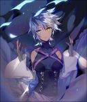  aqua_(kingdom_hearts) aura blue_eyes blue_hair commentary_request corruption dark_background detached_sleeves fingerless_gloves gloves heterochromia kingdom_hearts kingdom_hearts_iii looking_at_viewer ninomoto short_hair silver_hair solo spoilers transformation upper_body yellow_eyes 