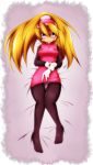  bangs bed_sheet black_legwear blonde_hair blue_eyes blush bodystocking breasts ciel_(rockman) commentary_request dakimakura eyebrows_visible_through_hair full_body gloves hair_between_eyes headgear high_ponytail highres holding_own_arm knees_together_feet_apart large_breasts long_hair looking_at_viewer lying on_back pantyhose rockman rockman_zero semikichi smile solo thigh_gap white_gloves 