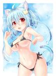  :3 animal_ears armpits bikini blue_background blue_hair breasts cameltoe cat_ears cat_tail commentary_request covered_nipples fang highres kazuneko_(wktk1024) large_breasts looking_at_viewer micro_bikini navel original red_eyes skindentation strap_gap swimsuit tail water_drop wet 