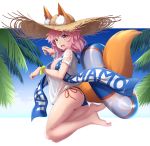  animal_ear_fluff animal_ears ass bikini bikini_under_clothes blue_bikini bracelet breasts ears_through_headwear fate/grand_order fate_(series) fox_ears fox_tail from_side full_body hat highres innertube jewelry jumping large_breasts mku open_mouth pink_hair shirt side-tie_bikini solo straw_hat sun_hat swimsuit tail tamamo_(fate)_(all) tamamo_no_mae_(swimsuit_lancer)_(fate) towel wet wet_clothes wet_shirt wet_t-shirt yellow_eyes 