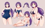  bikini blush breasts cleavage green_eyes kurokawa_makoto long_hair love_live!_school_idol_project navel purple_hair school_swimsuit swimsuit toujou_nozomi twintails 