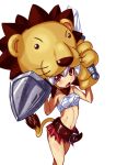  1girl a-tuy belt female lion_hood lion_tail open_mouth red_eyes shield simple_background solo sword weapon white_background white_hair 
