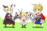  &gt;_&lt; 3girls ahoge artoria_pendragon_(all) artoria_pendragon_(lancer) artoria_pendragon_(lancer_alter) black_bow blonde_hair blush bow breasts cape chibi cleavage closed_eyes crown dun_stallion fate/grand_order fate_(series) flying_sweatdrops gauntlets green_eyes hair_bow heart highres horse horseback_riding llamrei_(fate) multiple_girls multiple_persona open_mouth red_eyes riding saber_lily shadow spoken_ellipsis tsuchiya_madose underboob yellow_eyes 