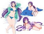  bikini blush breasts cleavage green_eyes hoodie kurokawa_makoto long_hair love_live!_school_idol_project navel purple_hair swimsuit toujou_nozomi twintails 