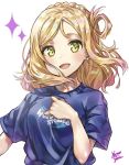  :d artist_name blonde_hair blue_shirt braid clenched_hand clothes_writing crown_braid green_eyes hair_rings hand_on_own_chest highres love_live! love_live!_sunshine!! medium_hair ohara_mari open_mouth shirt short_sleeves simple_background smile solo sparkle t-shirt takenoko_no_you upper_body white_background 