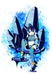  1girl android arm_support blue blue_eyes breasts crystal full_body helmet high_heels leviathan_(rockman) looking_at_viewer medium_breasts pale_skin rockman rockman_zero semikichi sitting smile solo thigh_boots thighhighs 