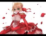  aestus_estus ahoge blonde_hair breasts cleavage closed_mouth epaulettes fate/extra fate_(series) green_eyes hair_ribbon highres holding holding_sword holding_weapon letterboxed long_sleeves looking_at_viewer nero_claudius_(fate) nero_claudius_(fate)_(all) petals red_ribbon ribbon short_hair simple_background sleeves_past_wrists smile solo soramame_pikuto sword weapon white_background 