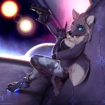  2018 5_fingers anthro black_nose blue_eyes breasts canine clothed clothing digital_media_(artwork) female gun holding_object holding_weapon kyander mammal ranged_weapon solo space weapon wolf 
