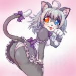  anthro bell blue_eyes blush bow breasts cat clothed clothing feline female fur grey_fur heterochromia licking looking_at_viewer mammal multicolored_fur orange_eyes panties pose ribbons ringofriend skirt solo tongue tongue_out underwear 