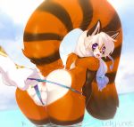  2018 anus balls braided_hair butt clothing fluffy fluffy_tail girly hair leaning leaning_forward lokkun looking_back luckypan male mammal mostly_nude open_mouth outside panties panty_pull penis pink_eyes ponytail procyonid raccoon signature solo_focus striped_tail stripes surprise thong tongue underwear water 