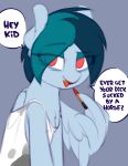  2018 ? blue_feathers clothed clothing delta_vee dialogue english_text equine eyebrows eyelashes eyeshadow fan_character feathered_wings feathers female feral grey_background hair holding_object hooves lipstick looking_at_viewer makeup mammal mature_female my_little_pony open_mouth open_smile pegasus portrait raised_eyebrow red_eyes shinodage shirt short_hair simple_background smile solo speech_bubble suggestive talking_to_viewer tank_top teal_hair teeth text tongue wings 
