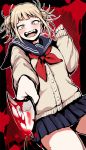  bangs blonde_hair blood blunt_bangs blush boku_no_hero_academia cardigan commentary_request crazy_eyes double_bun fangs half-closed_eyes knife long_sleeves looking_at_viewer open_mouth pleated_skirt pointing pointing_at_viewer red_neckwear school_uniform serafuku short_twintails skirt smile teeth toga_himiko twintails uekan yellow_eyes 
