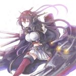  artist_name black_gloves black_hair breasts elbow_gloves feet_out_of_frame fingerless_gloves gloves headgear kantai_collection large_breasts long_hair looking_at_viewer machinery miniskirt nagato_(kantai_collection) navel partly_fingerless_gloves pleated_skirt red_eyes remodel_(kantai_collection) rigging simple_background skirt solo trench_coat turret white_background white_skirt yomi_(yomi14_pyaon) 
