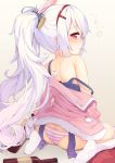  albino ass azur_lane blush bottle butt_crack commentary_request drunk from_behind gradient_hair highres laffey_(azur_lane) long_hair looking_at_viewer looking_back multicolored_hair nape off_shoulder panties parted_lips pink_eyes pink_hair profile shoulder_blades sitting sleepy solo strap_slip striped striped_panties thighhighs tofu1601 twintails_day two-tone_hair underwear wariza white_hair white_legwear wine_bottle 