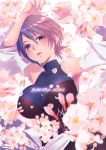  aqua_(kingdom_hearts) bangs bare_shoulders blue_eyes blue_hair blush breasts character_name cherry_blossoms chromatic_aberration collarbone detached_sleeves fingernails flower hair_between_eyes kingdom_hearts kingdom_hearts_birth_by_sleep large_breasts long_sleeves open_mouth pink_flower short_hair solo tamaki_(tmk-poison) turtleneck wide_sleeves 