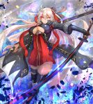  abstract_background black_bow black_legwear bow breasts cropped_legs dress fate/grand_order fate_(series) hair_bow highres holding holding_sword holding_weapon large_breasts long_hair looking_at_viewer ohako_(ohako1818) okita_souji_(alter)_(fate) okita_souji_(fate)_(all) red_dress scabbard serious sheath solo sword thighhighs underboob weapon white_eyes white_hair zettai_ryouiki 
