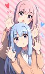  bangs blue_hair blue_scrunchie blush brown_cardigan cardigan collared_shirt d: eyebrows_visible_through_hair gao hair_ornament hair_scrunchie hands_up heart kotonoha_akane kotonoha_aoi long_hair long_sleeves looking_at_viewer multiple_girls one_side_up open_mouth outline paingumi pastel_colors pink_background pink_eyes pink_hair pink_scrunchie scrunchie shirt siblings sisters striped striped_background sweat voiceroid white_outline white_shirt 