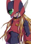  1boy abs androgynous android blonde_hair blue_eyes helmet long_hair male_focus robot_joints rockman rockman_zero semikichi simple_background solo upper_body white_background zero_(rockman) 