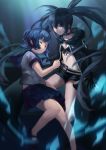  absurdres bangs belt black_bikini_top black_cape black_footwear black_gloves black_hair black_rock_shooter black_rock_shooter_(character) black_shorts blue_eyes blue_hair blue_neckwear blue_skirt breasts cape choker cleavage closed_eyes collarbone floating_hair gloves grey_shirt hair_between_eyes highres hooded kuroi_mato long_hair luobo_carrot mary_janes midriff miniskirt multiple_girls navel neckerchief pleated_skirt school_uniform shirt shoes short_hair short_shorts short_sleeves shorts skirt small_breasts star star_print stomach twintails uniform very_long_hair 