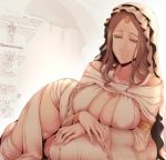  bare_shoulders blue_eyes breasts brown_hair circlet cleavage covered_nipples dark_souls highres large_breasts long_hair lying mole mole_on_breast nakamura_regura on_side queen_of_sunlight_gwynevere smile solo souls_(from_software) veil 