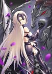  amor armored_boots black_bra black_gloves boots bra elbow_gloves eyebrows_visible_through_hair fate/grand_order fate_(series) floating_hair from_behind fur_trim gloves grin highres holding_skull jeanne_d'arc_(alter)_(fate) jeanne_d'arc_(fate)_(all) long_hair looking_at_viewer looking_back night outdoors parted_lips petals shenhai_(2556146833) signature silver_hair sitting smile solo thigh_boots thighhighs underwear very_long_hair yellow_eyes 