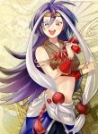  breasts cowboy_shot headband heterochromia jewelry kakuriyo_no_mon long_hair looking_at_viewer mallet midriff multicolored_hair necklace open_mouth purple_hair small_breasts smile standing tassel two-tone_hair very_long_hair white_hair wristband yaka_(kk1177) 