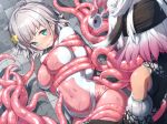  2girls blush bodysuit bondage green_eyes navel original purinpu short_hair tentacles wet white_hair 