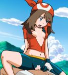  1boy 1girl areolae blush breasts brown_hair clothed_sex girl_on_top haruka_(pokemon) medium_breasts midriff navel nipples oni-tan open_mouth pokemon pokemon_(game) pokemon_rse pussy sex tagme uncensored 