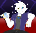  bulge clothed clothing digital_media_(artwork) e621 english_text humanoid jewelry looking_at_viewer male max_(character) multicolored_eyes muscular muscular_male necklace not_furry notkastar pants rainbow_eyes ring shirt signature sitting smile solo sparkles text 